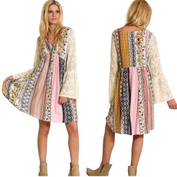 Boutique Mixed Print & Lace Bell Sleeve Boho Cottagecore Mini Dress - Picture 8 of 12